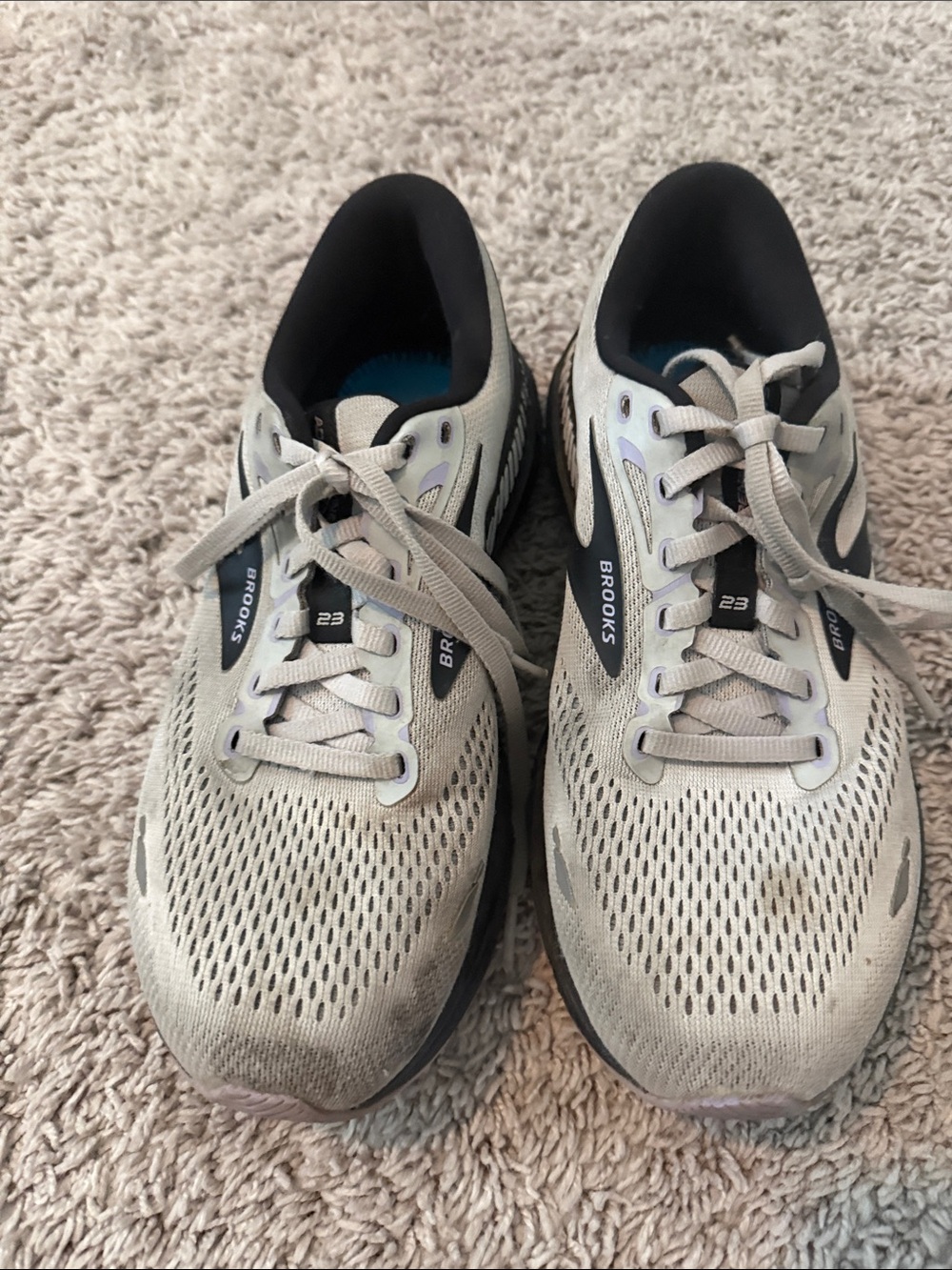 Brooks light gray and purple running shoes